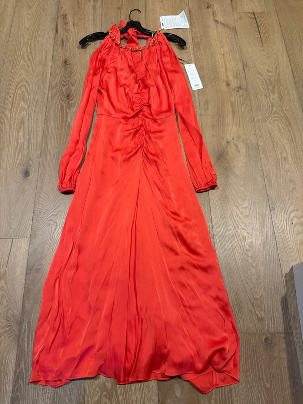 Veronica Beard Red Long-Sleeve Maxi Dress with Chain Neck